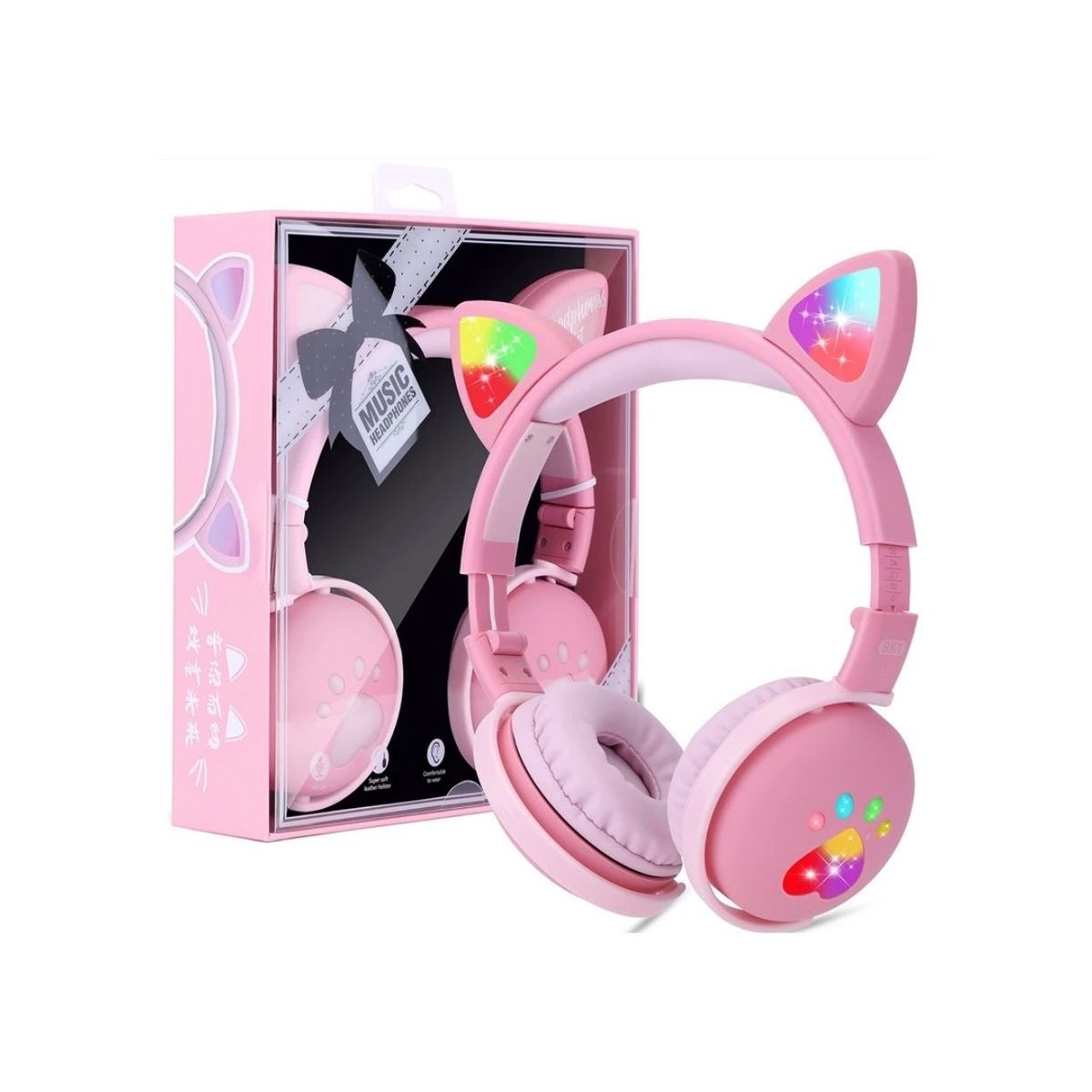 GENERICO - Audífonos Bluetooth Oreja de Gato con Luz LED BK1 Rosado