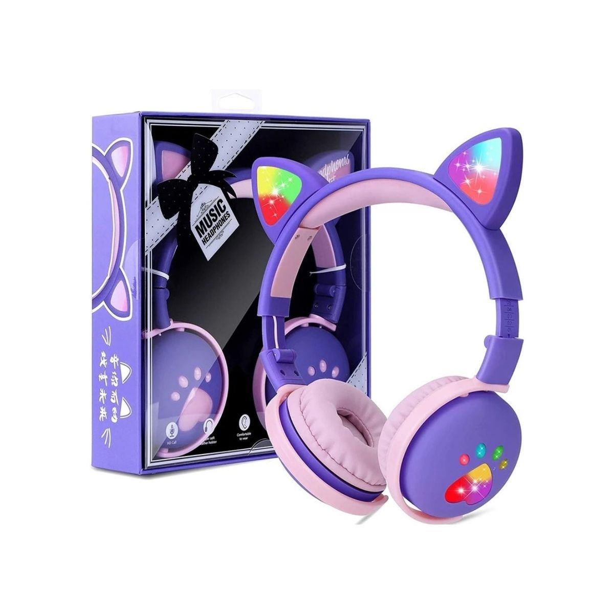 GENERICO - Audífonos Bluetooth Oreja de Gato con Luz LED BK1 Lila