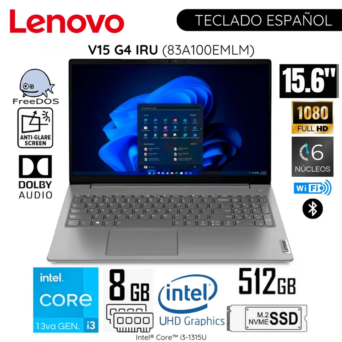 LENOVO - Laptop Lenovo V15 G4 IRU Intel Core i3-1315U 8GB RAM 512GB SSD 156 FHD Free Dos - 83A100EMLM