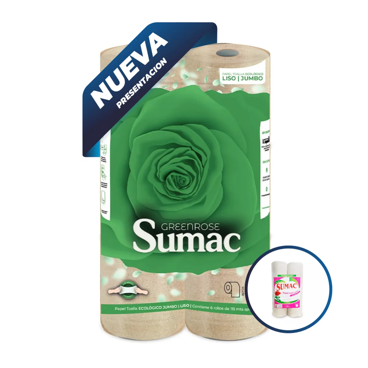 SUMAC - Papel Toalla Jumbo Greenrose Sumac - Pack de 6 Rollos