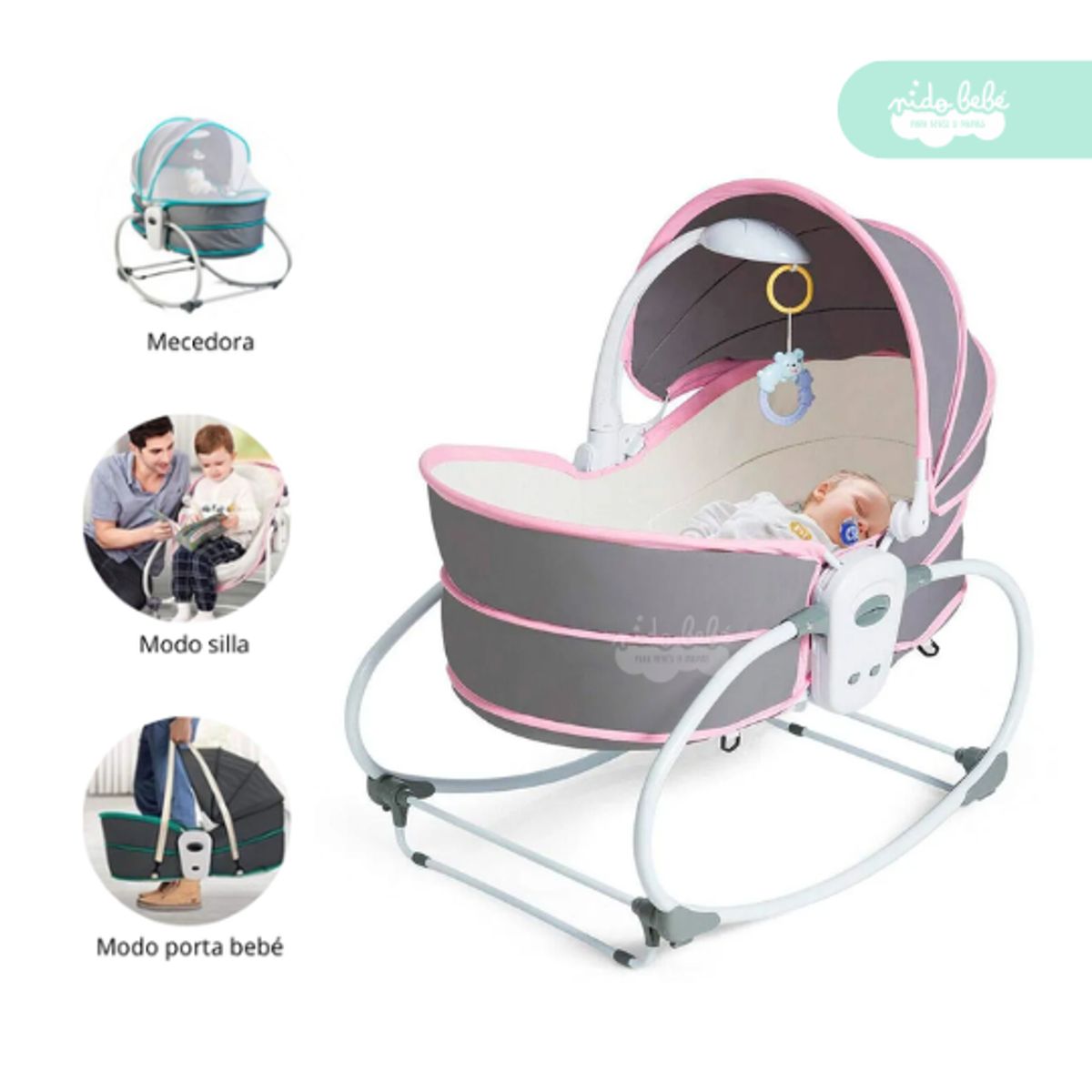 CAM - Silla Mecedora 6 en 1 Musical plomo con rosa