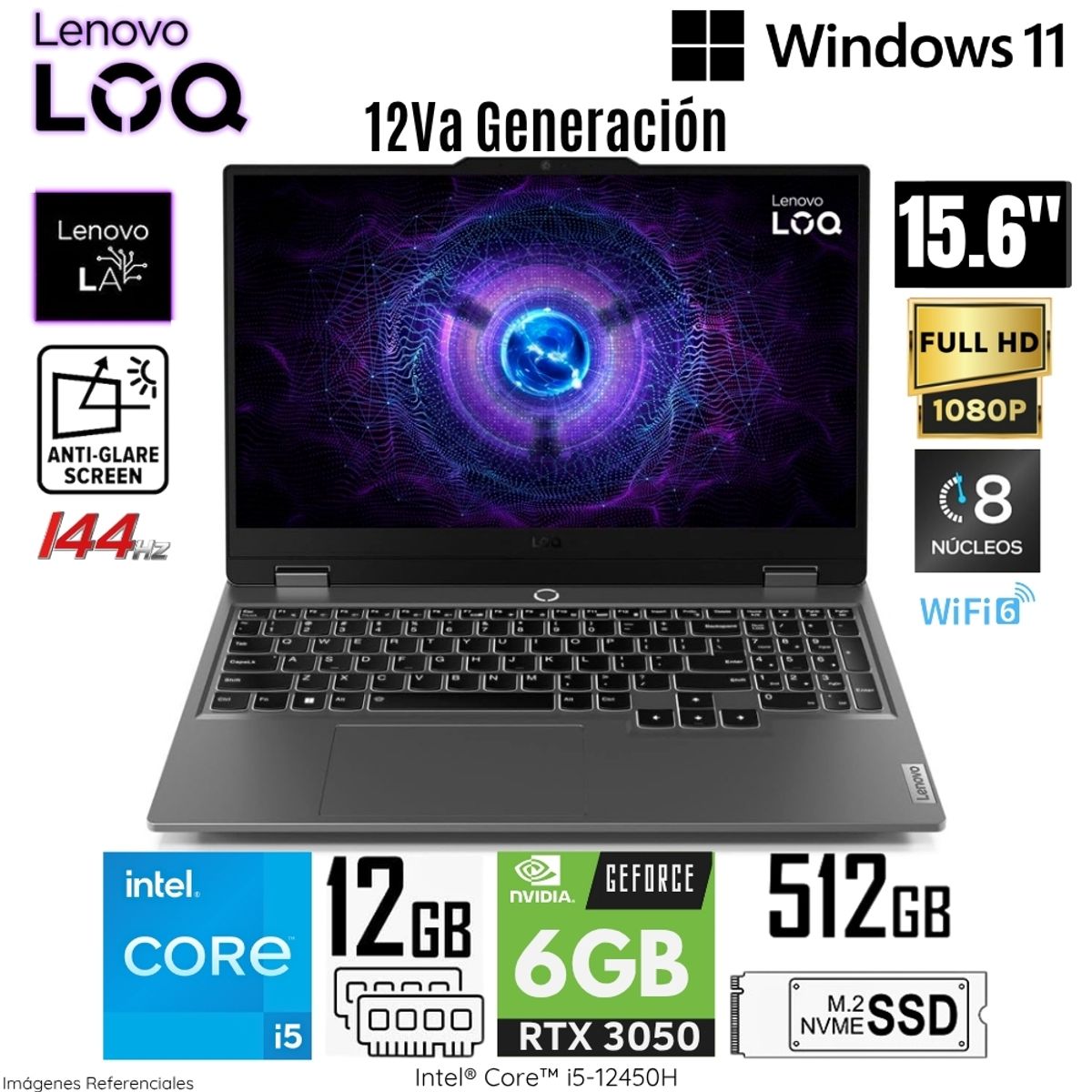 LENOVO - Laptop Lenovo LOQ Intel Core i5-12450HX 12GB RAM 512GB SSD RTX 3050-6GB 15.6"  FHD IPS - 83GS00JULM