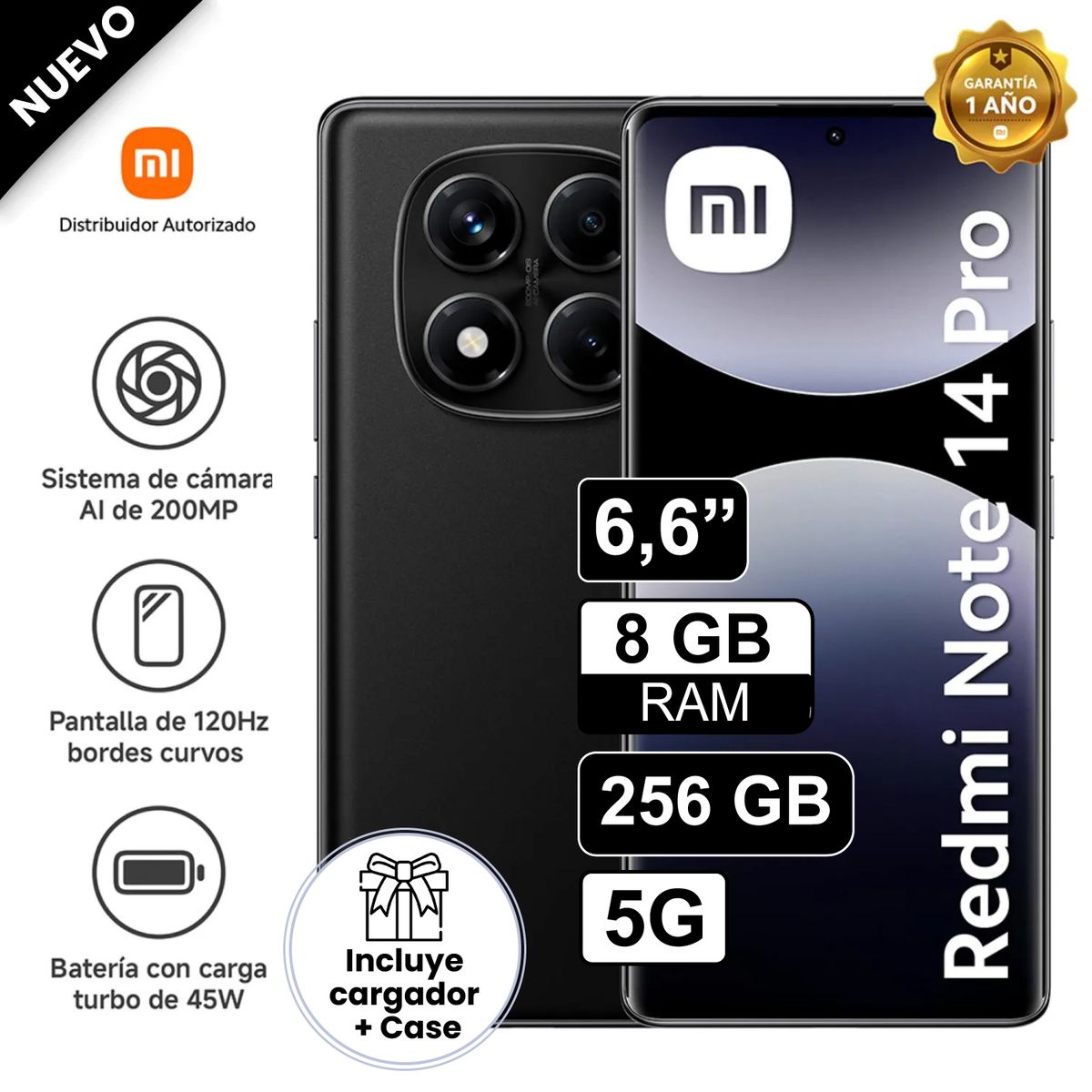 REDMI - Celular Libre Xiaomi Redmi Note 14 PRO 5G 6.6" Pulg 256GB 8GB Negro