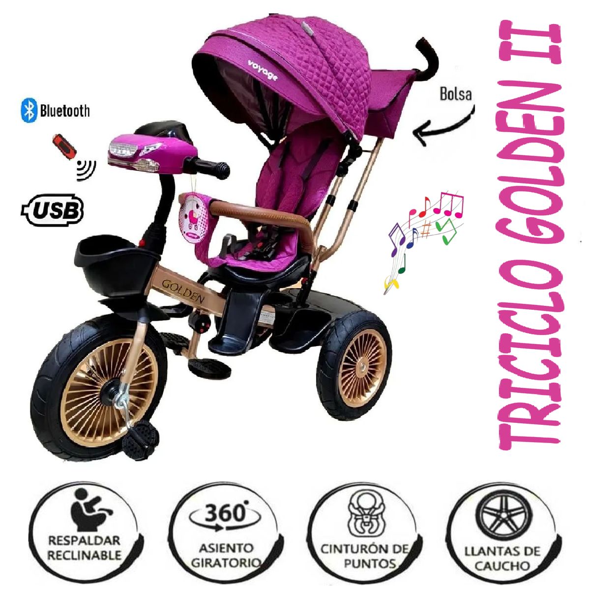 VOYAGE - Triciclo De Paseo Golden II Asiento Giratorio -Fucsia