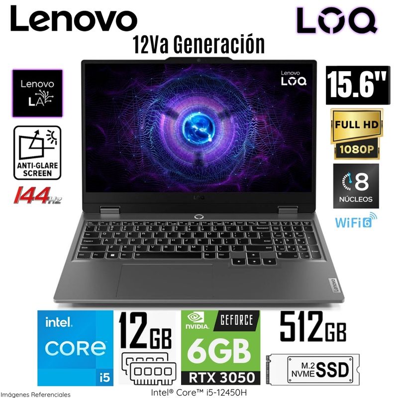 LENOVO - Laptop Lenovo LOQ Intel Core i5-12450HX 12GB RAM 512GB SSD RTX 3050-6GB 15.6"  FHD IPS - 83GS00JULM