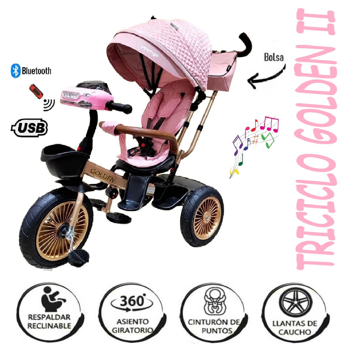 VOYAGE - Triciclo De Paseo Golden II Asiento Giratorio -Rosa
