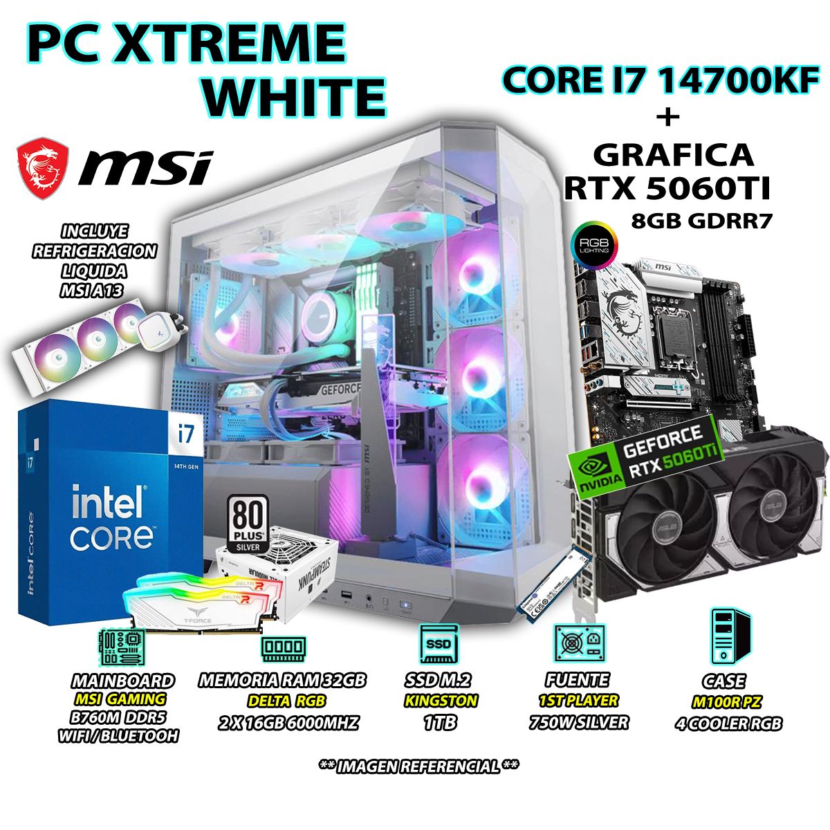INTEL - Computadora PC Gamer INTEL I7 14700KF RAM 32GB SSD 1TB GRAFICA RTX 5060TI 8GB