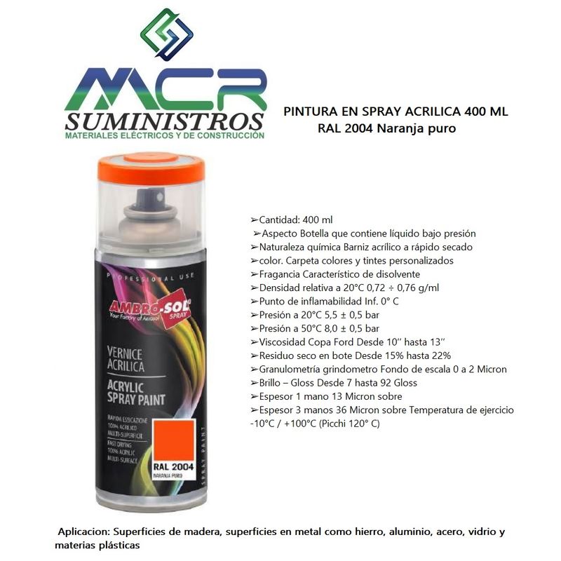 AMBROSOL - PINTURA EN SPRAY ACRILICA 400 ML RAL 2004 Naranja puro