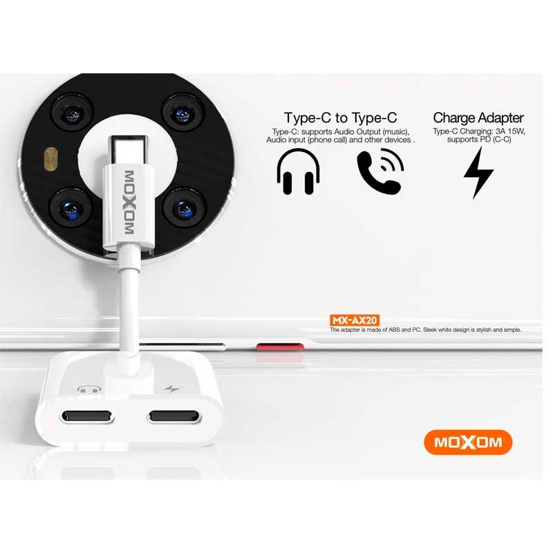 MOXOM - CABLE MOXOM MX-AX20 TIPO C A TIPO C + ADAPTADOR TIPO C 3A 15W BLANCO