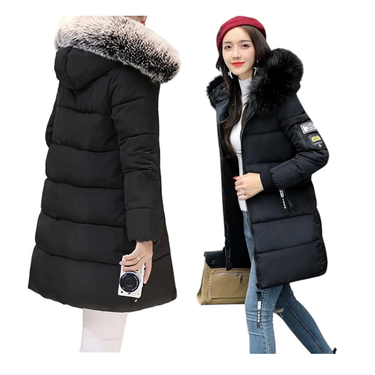 GENERICO - Casaca larga acolchada con capucha para mujer
