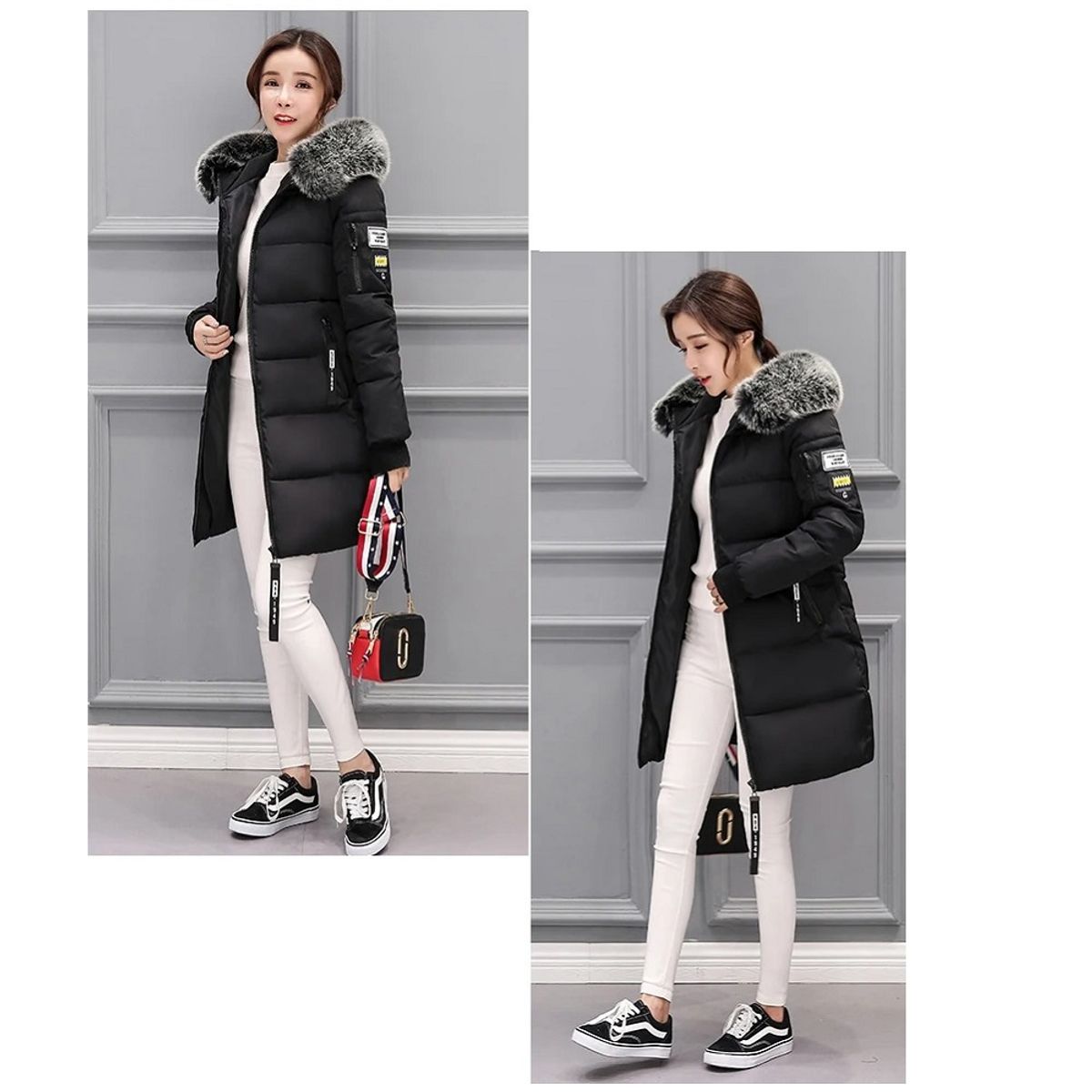 GENERICO - Casaca larga acolchada con capucha para mujer