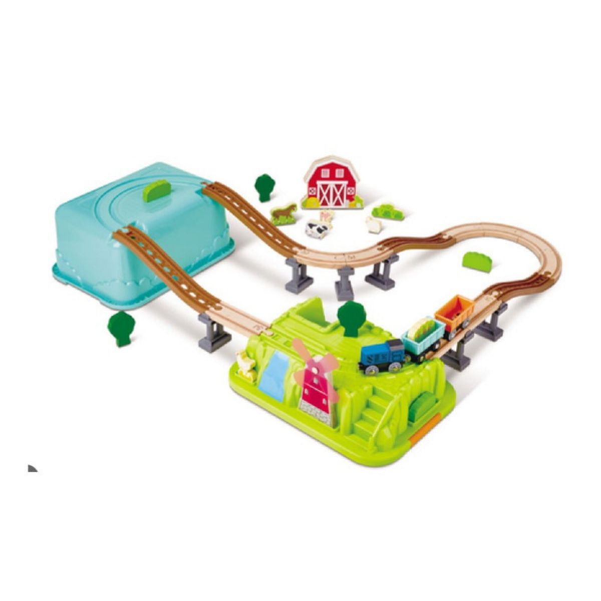 HAPE - Set ferroviario de madera en balde modelo granja 40 piezas