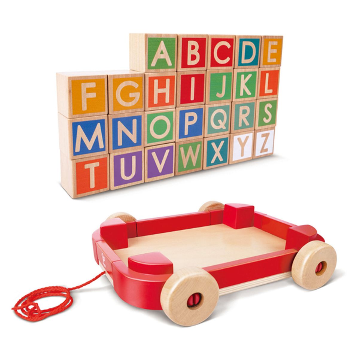 HAPE - Carro de arrastre con cubos de madera 27 piezas