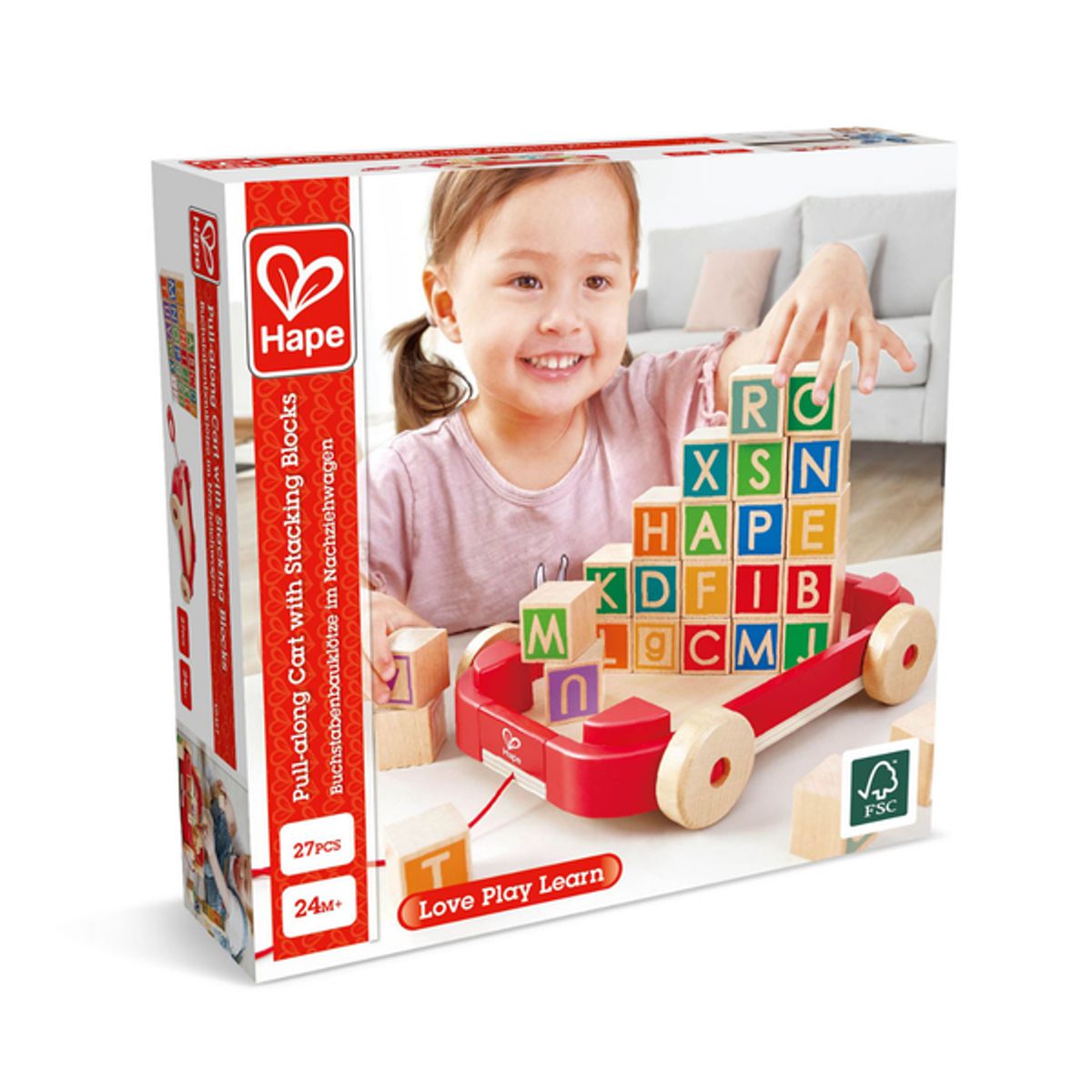 HAPE - Carro de arrastre con cubos de madera 27 piezas