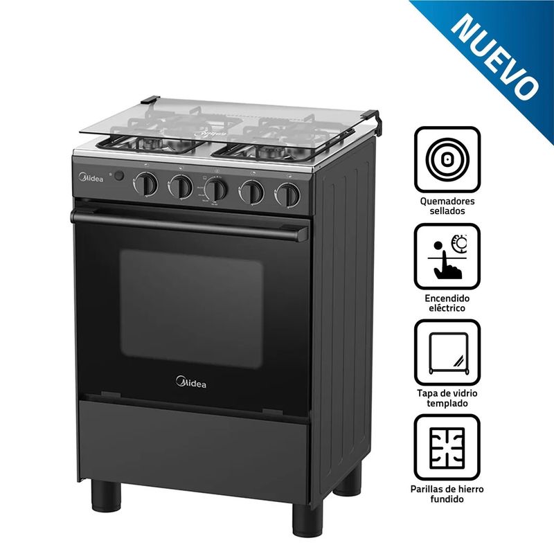 MIDEA - Cocina Midea a Gas 4 Hornillas Horno / Grill MGS24FS2LFABBC-PE Negro