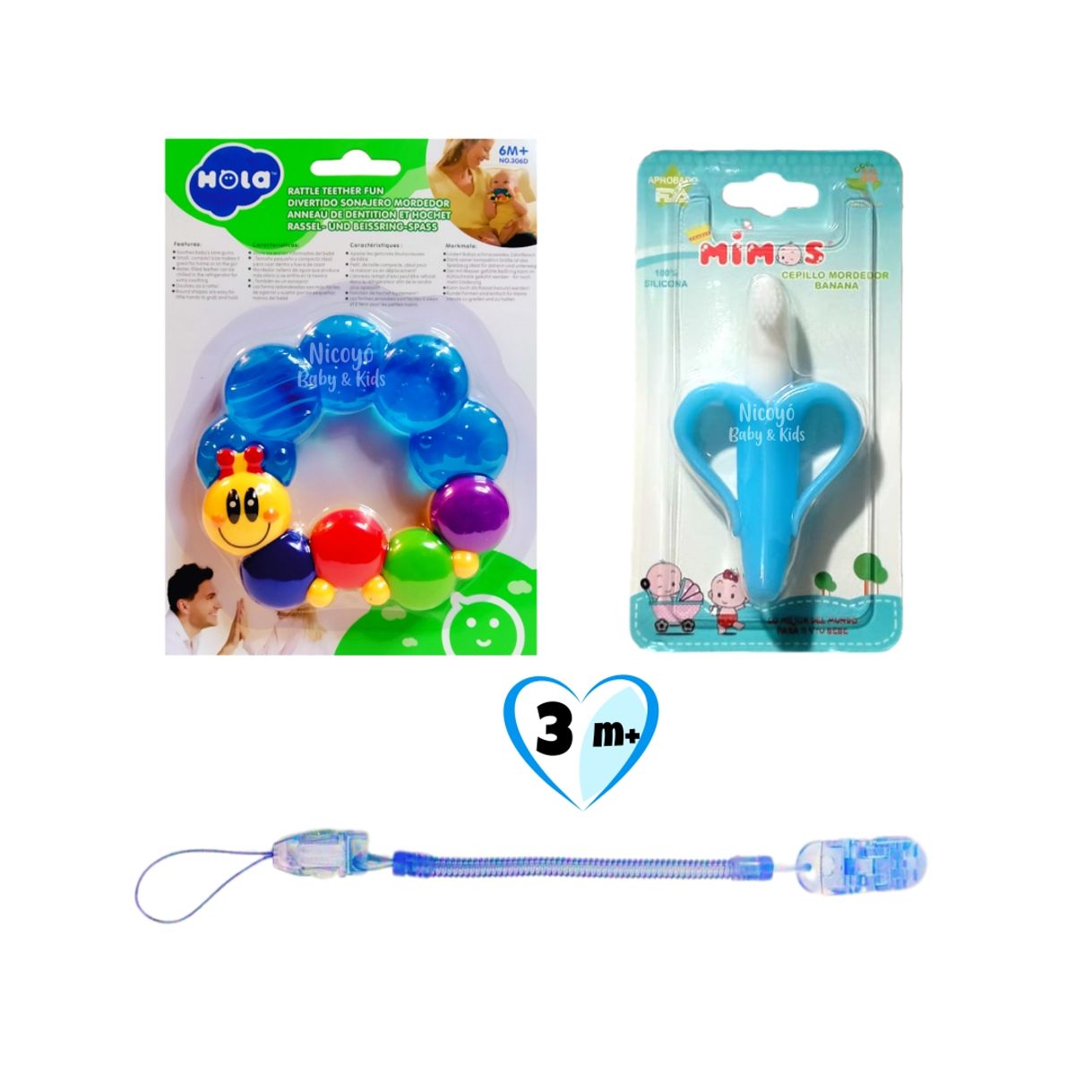 MIMOS - Pack Niño de 2 Mordedores para Bebés con Sujetador Azul