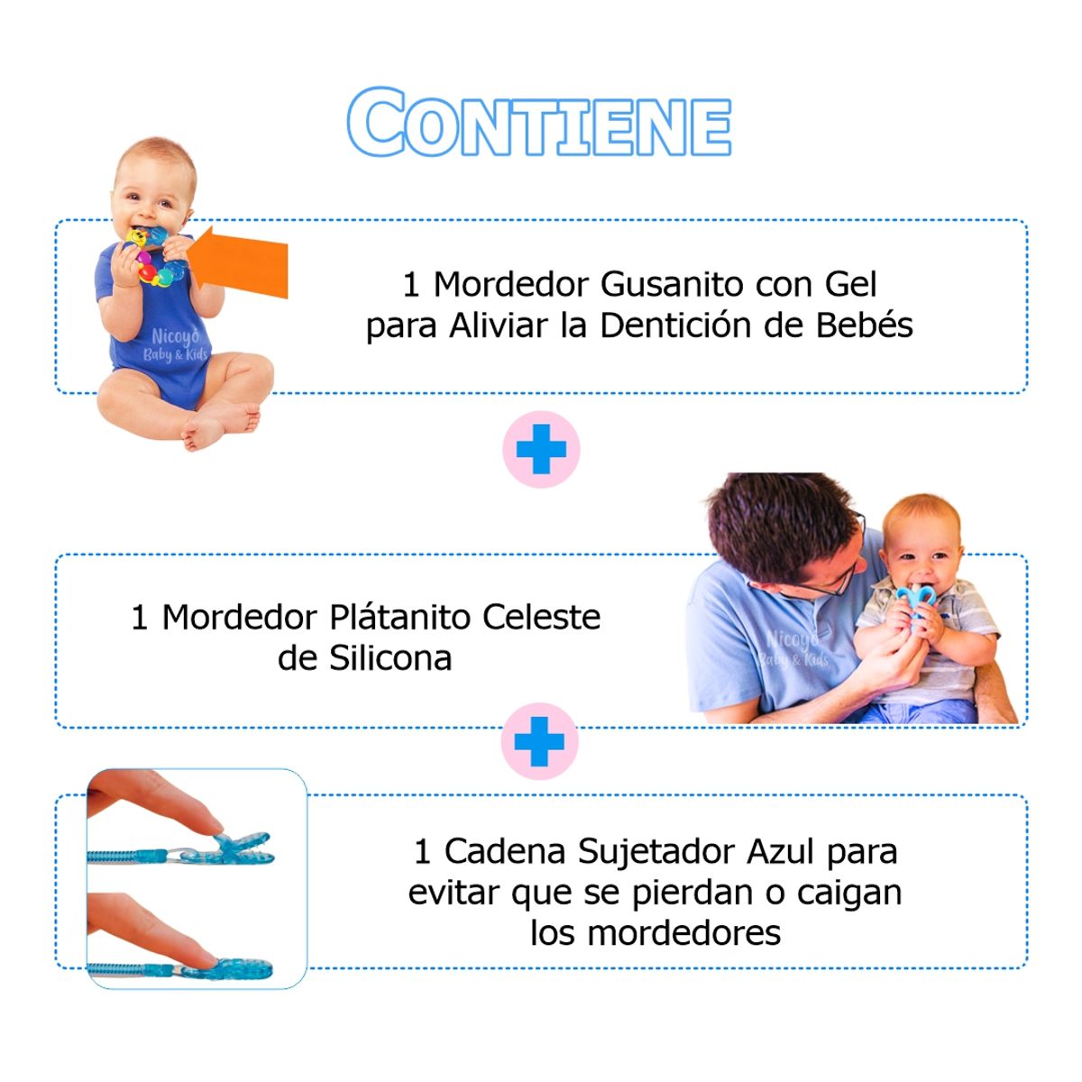 MIMOS - Pack Niño de 2 Mordedores para Bebés con Sujetador Azul