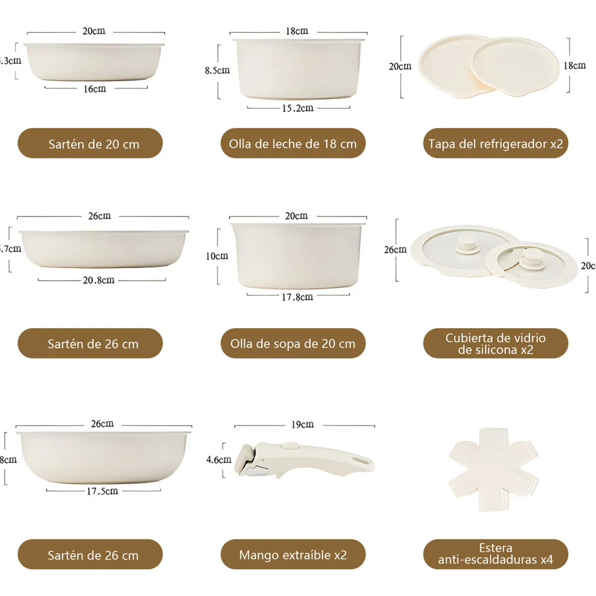 ANYHOGAR - Batería De Cocina Sarten Antiadherente Mango Extraíble 15pz