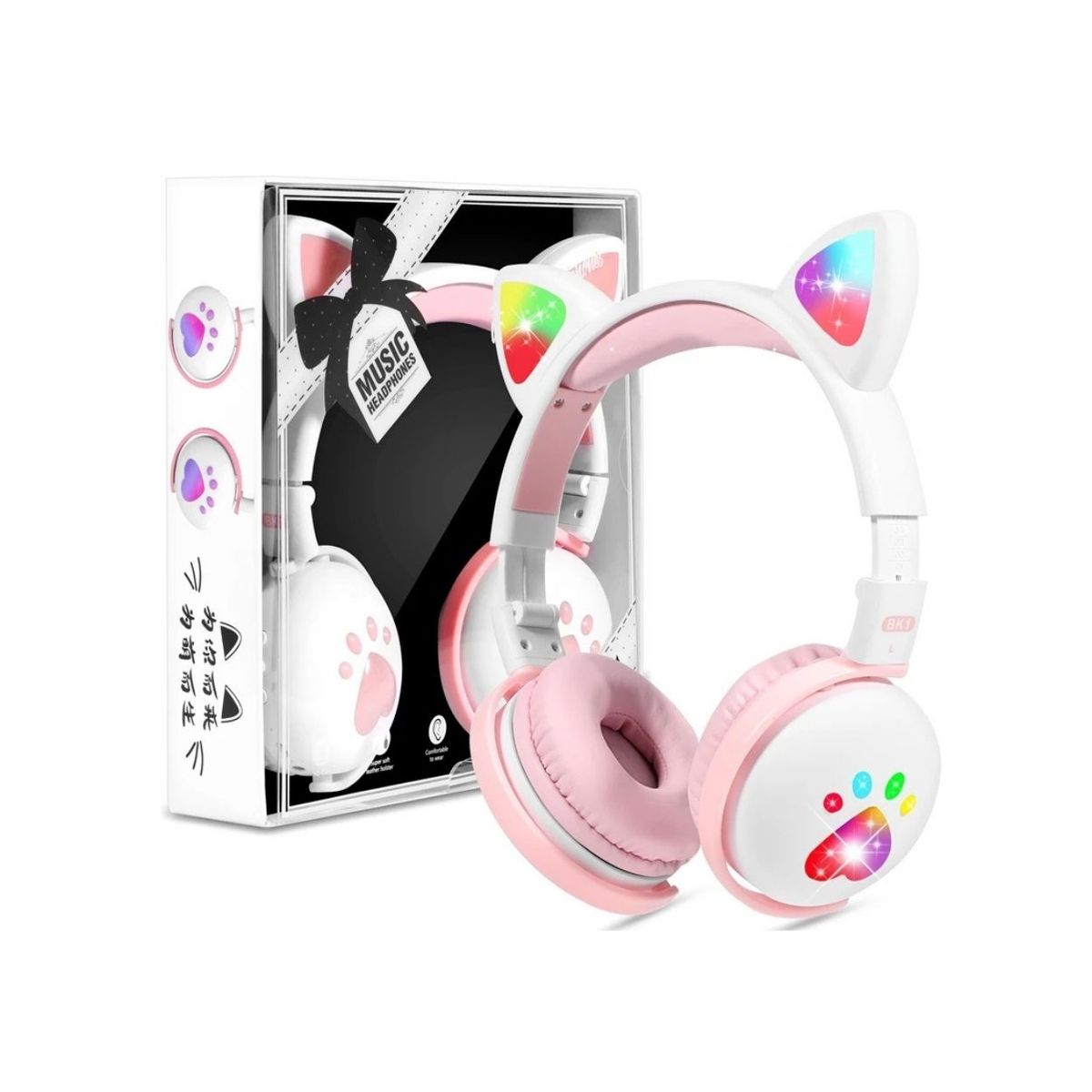 GENERICO - Audífonos Inalámbricos Oreja de Gato con Luz LED BK1 Blanco