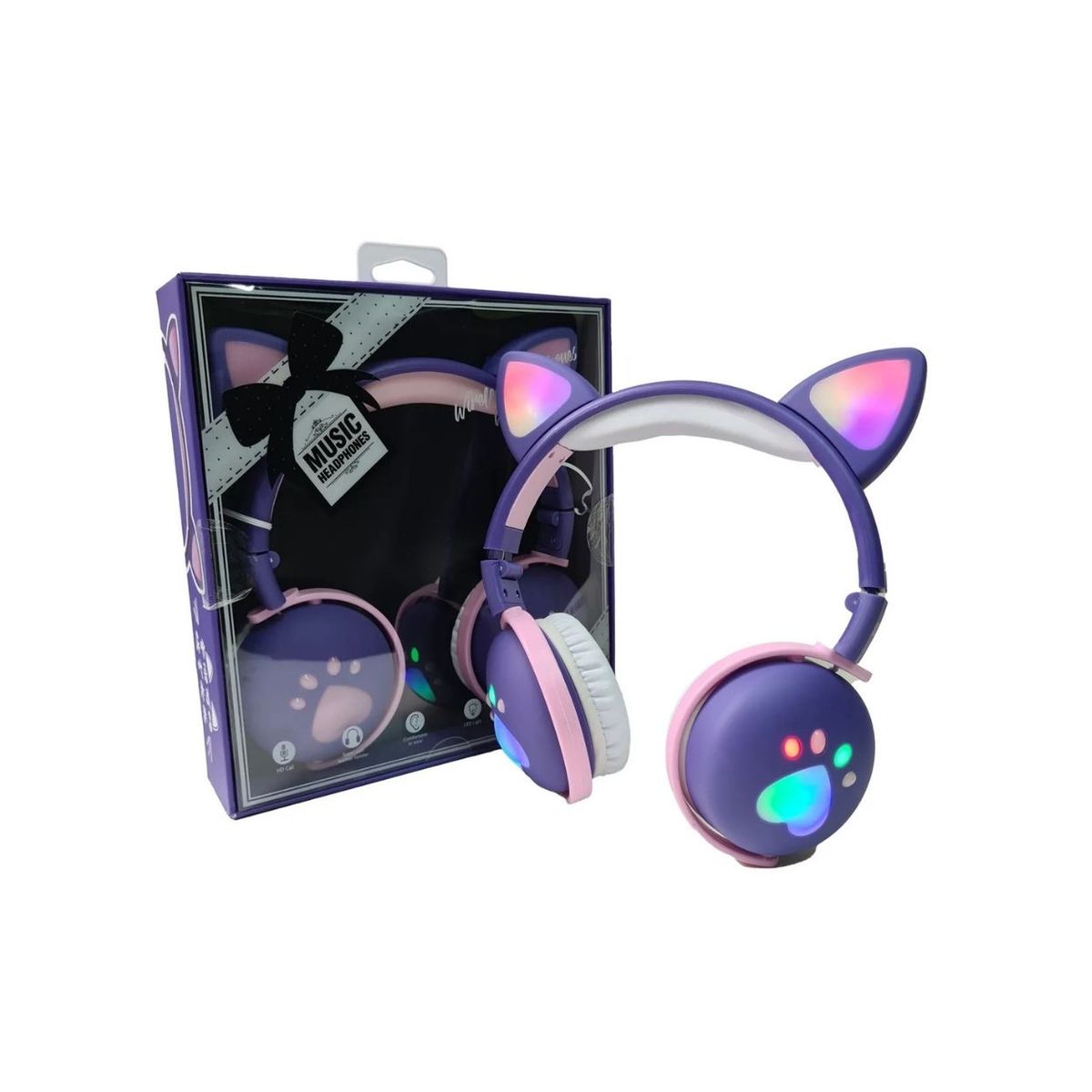 GENERICO - Audífonos Inalámbricos Oreja de Gato con Luz LED BK1 Violeta