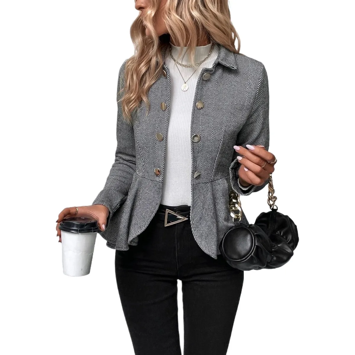 GIOIO - Chamarra Tipo Blazer Con Volantes Y Solapa Para Mujer