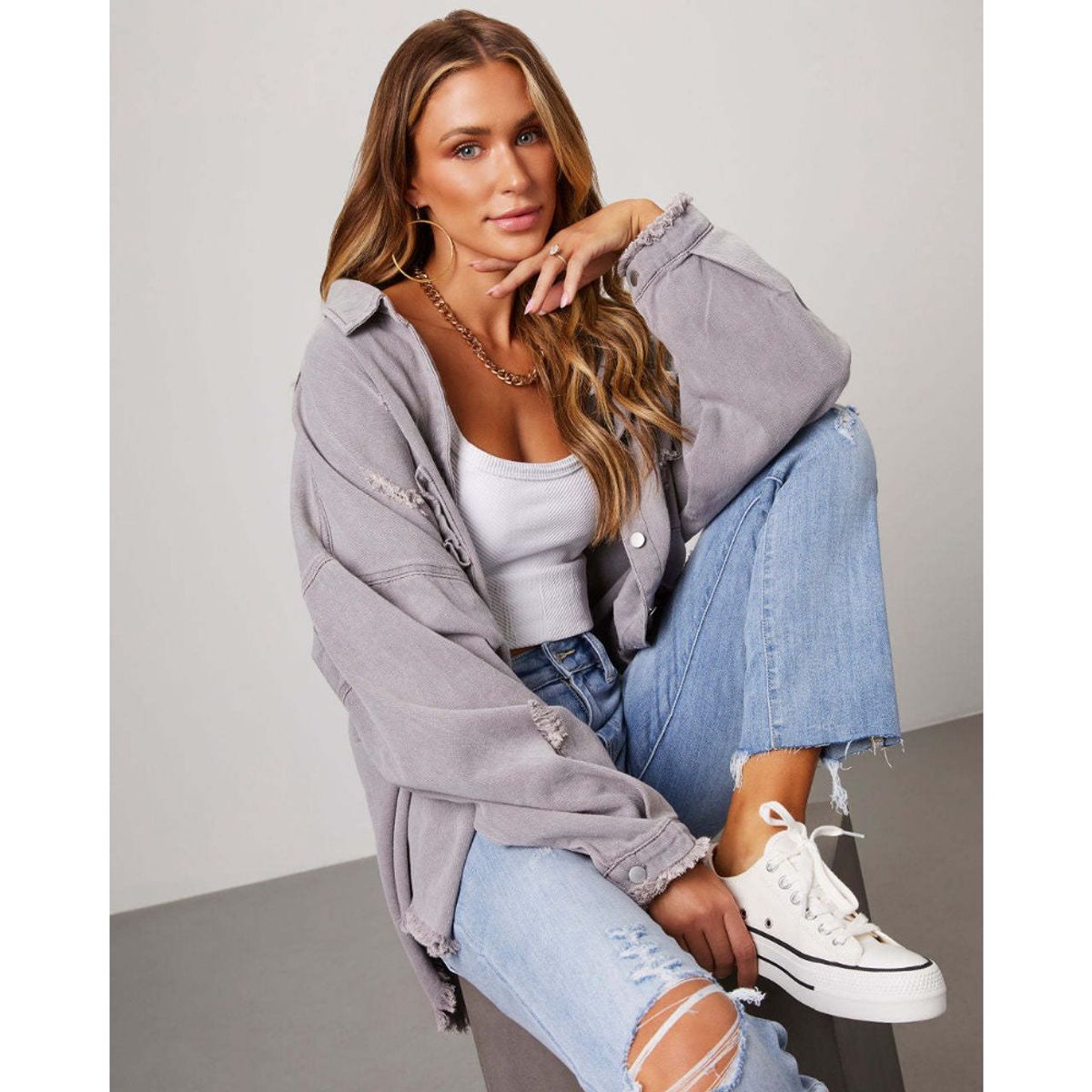 GIOIO - Chaqueta Denim Midi Rotos Deshilachado Urbana Mujer​