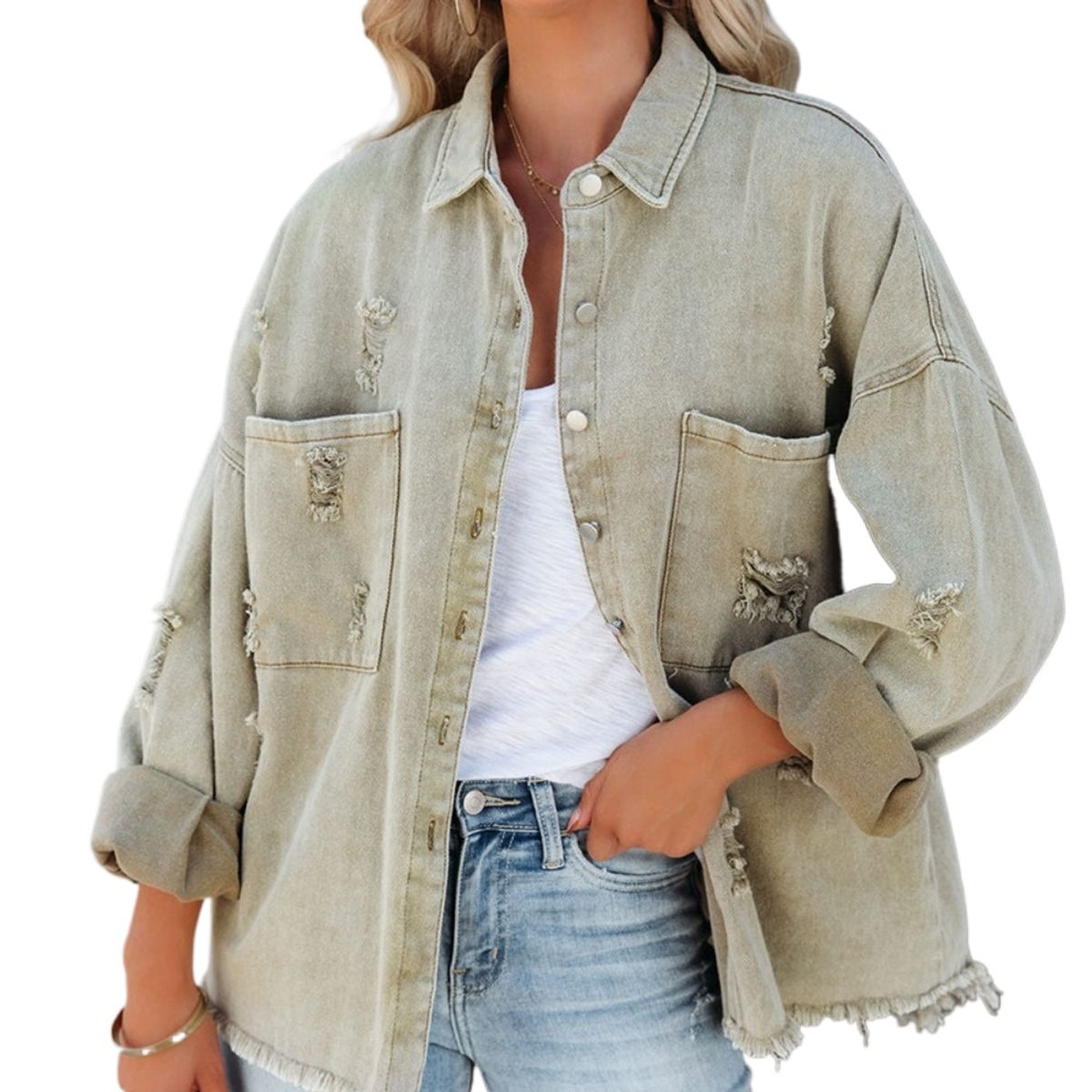 GIOIO - Chaqueta Denim Midi Rotos Deshilachado Urbana Mujer​