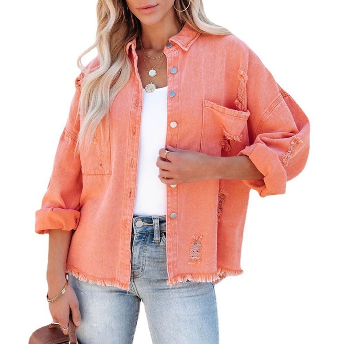 GIOIO - Chaqueta Denim Midi Rotos Deshilachado Urbana Mujer​