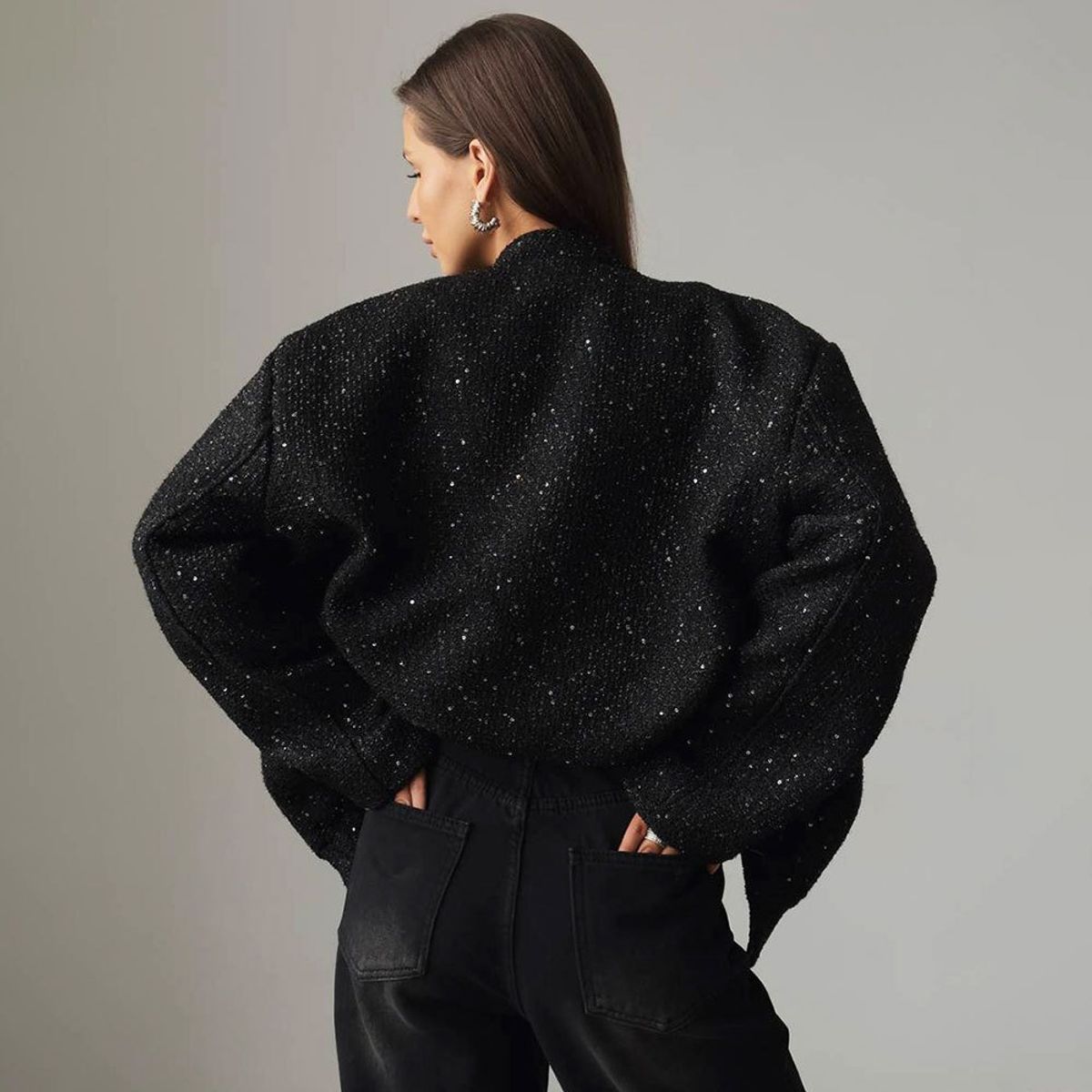 GIOIO - Chaqueta Mujer Brillante Cuello Alto Silueta Flúida Moderna​