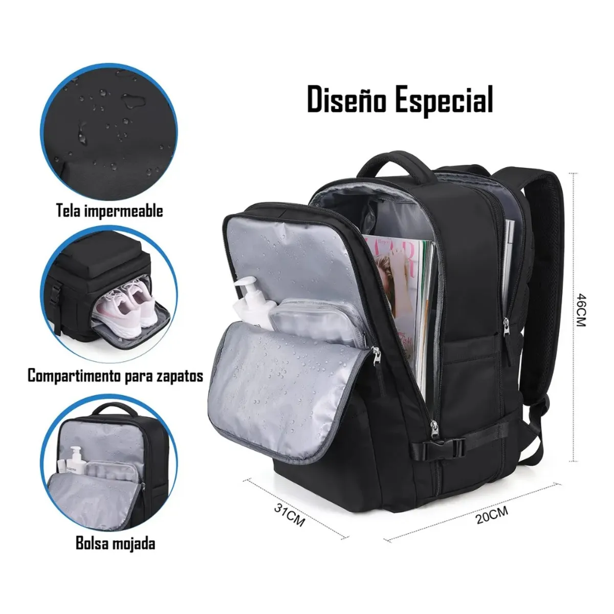 GIOIO - Mochila De Viaje Impermeable Avión Capacidad De 40l-Negro