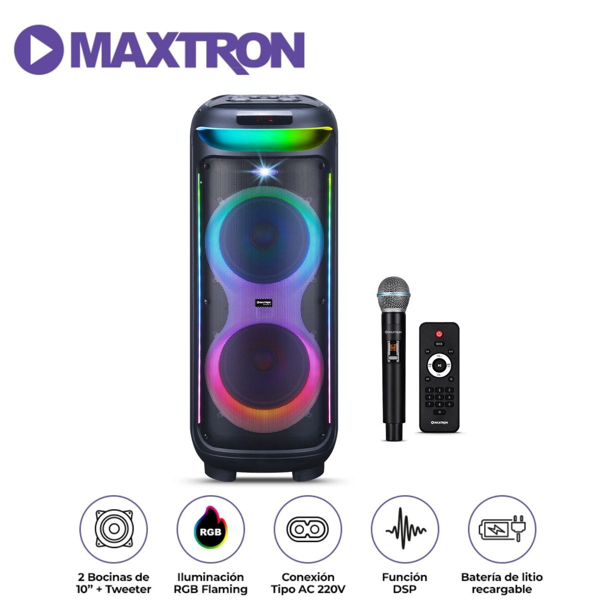 MAXTRON - Torre de Sonido Bravatto Maxtron MX 805 LED RGB con Micrófono