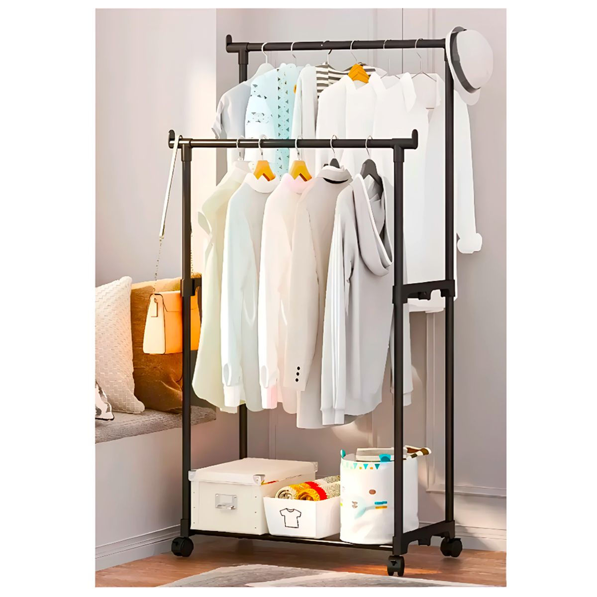 GENERICO - Colgador doble de Ropa Perchero con Zapatero y Ruedas Negro