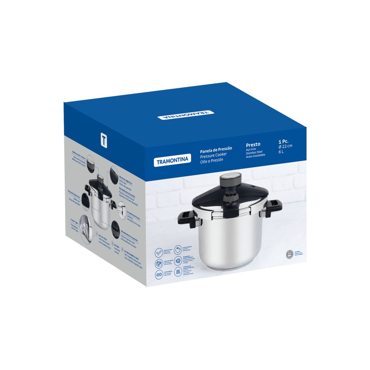 TRAMONTINA - Olla a presión Tramontina Presto fondo triple 22 cm 6L 62518220