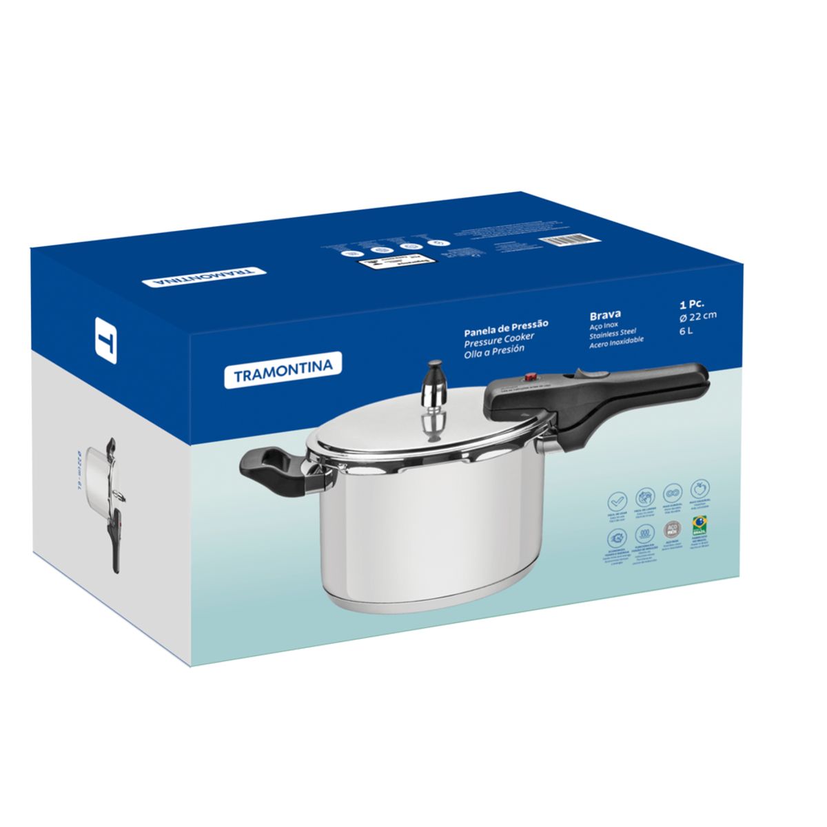 TRAMONTINA - Olla a presión acero inoxidable 6LT 22CM Brava Tramontina