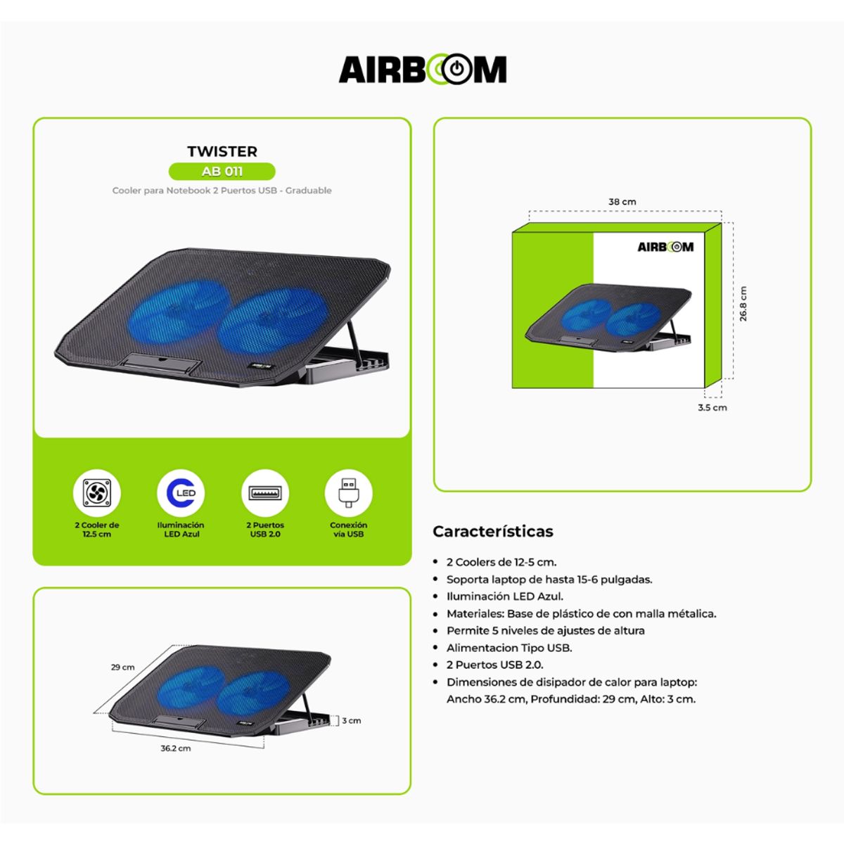 AIRBOOM - COOLER PARA LAPTOP 2 VENTILADORES - TWISTER AB 011 - AIRBOOM