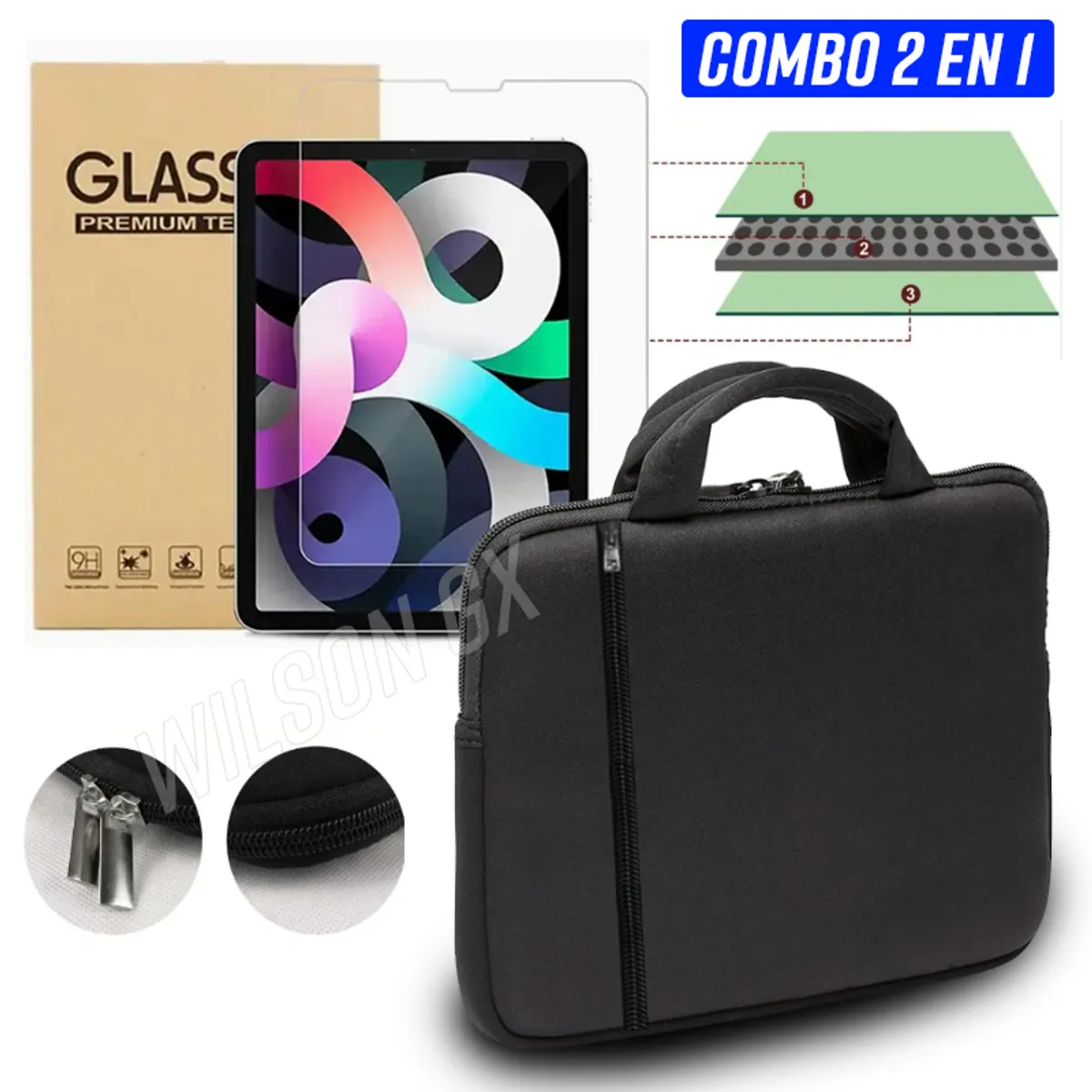 GENERICO - Combo Protector para Ipad Mica de Vidrio 10.9 + Funda 11 Maletin + Asa