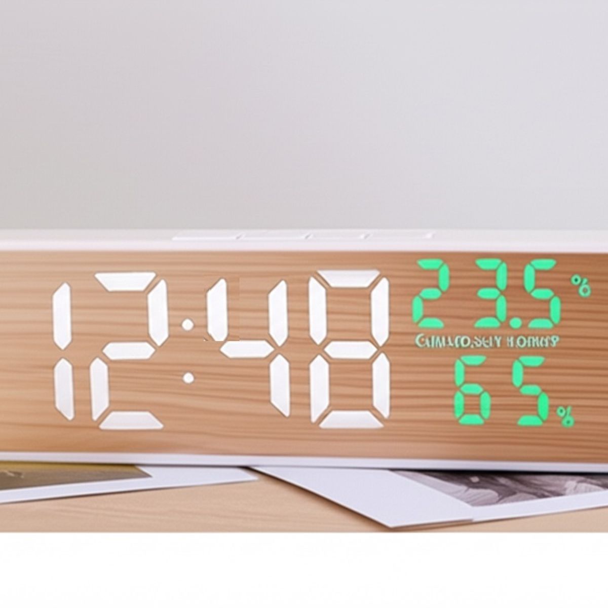 GENERICO - Reloj Alarma Despertador con Temperatura y Humedad de Madera