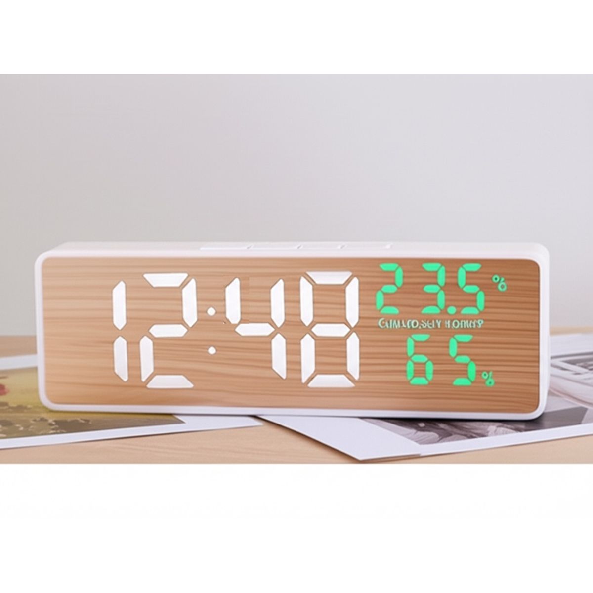 GENERICO - Reloj Alarma Despertador con Temperatura y Humedad de Madera
