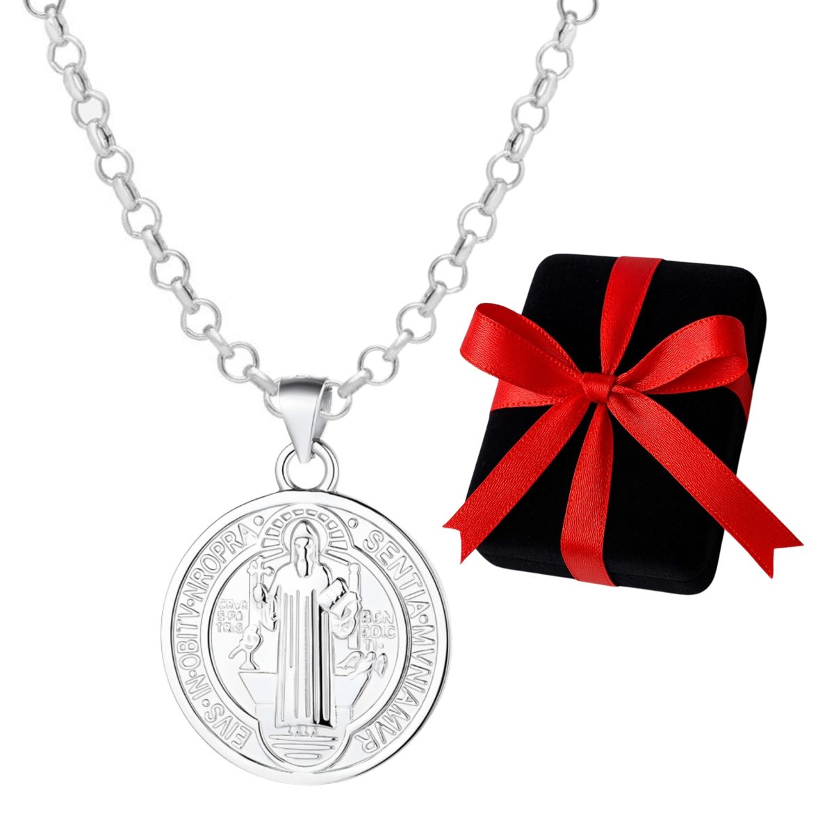 GENERICO - Collar San Benito Plata Medalla Protectora Regalo Unisex 26mm