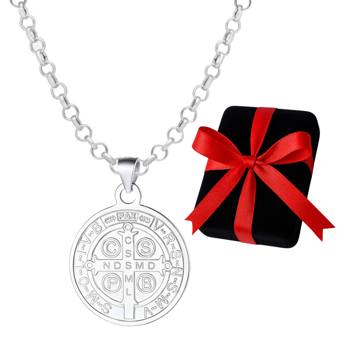 GENERICO - Collar San Benito Plata Medalla Protectora Regalo Unisex 26mm