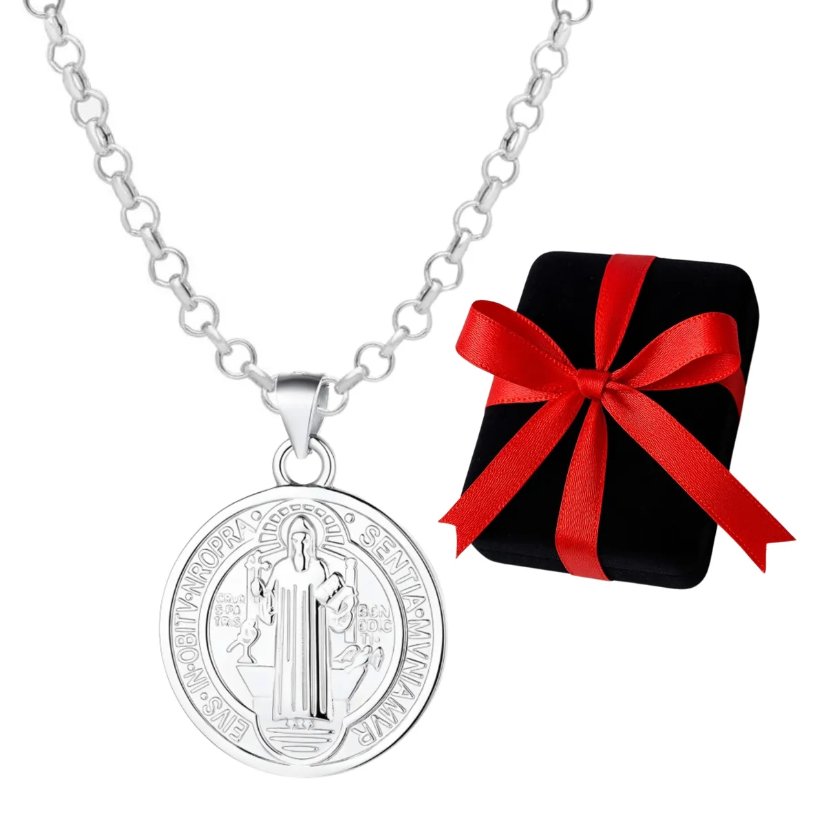 GENERICO - Collar San Benito Plata Medalla Protectora Regalo Unisex 26mm