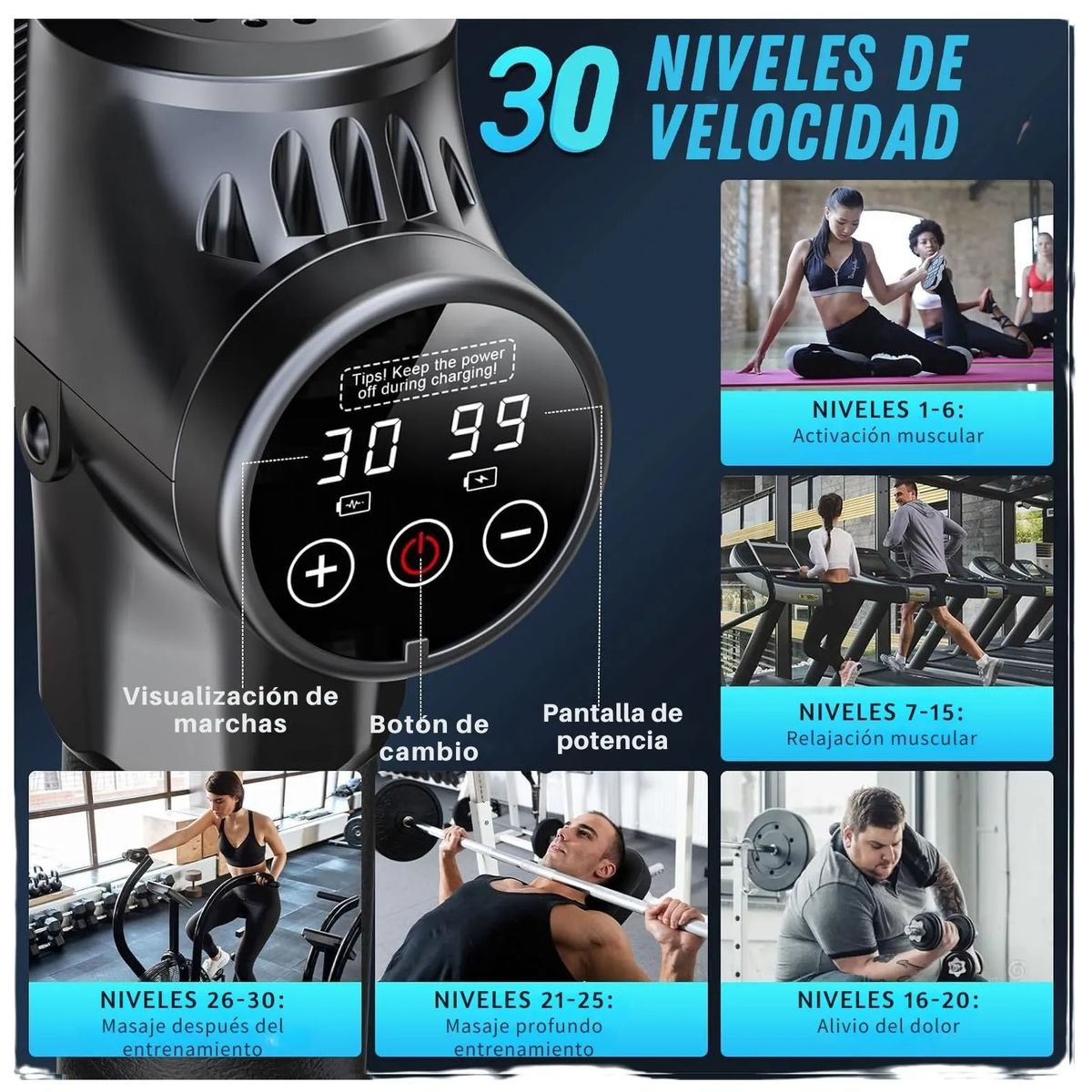 VICTORIA - Pistola Masaje Muscular 6 Cabezales 30 Velocidades