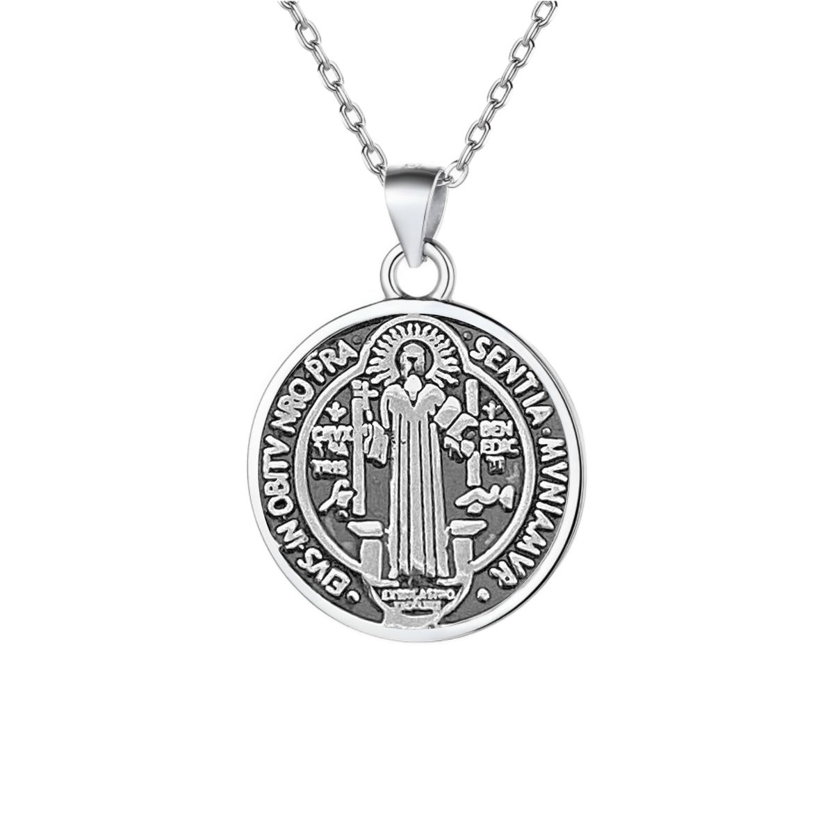 GENERICO - Collar San Benito Plata Quemada Medalla Regalo Unisex 21mm