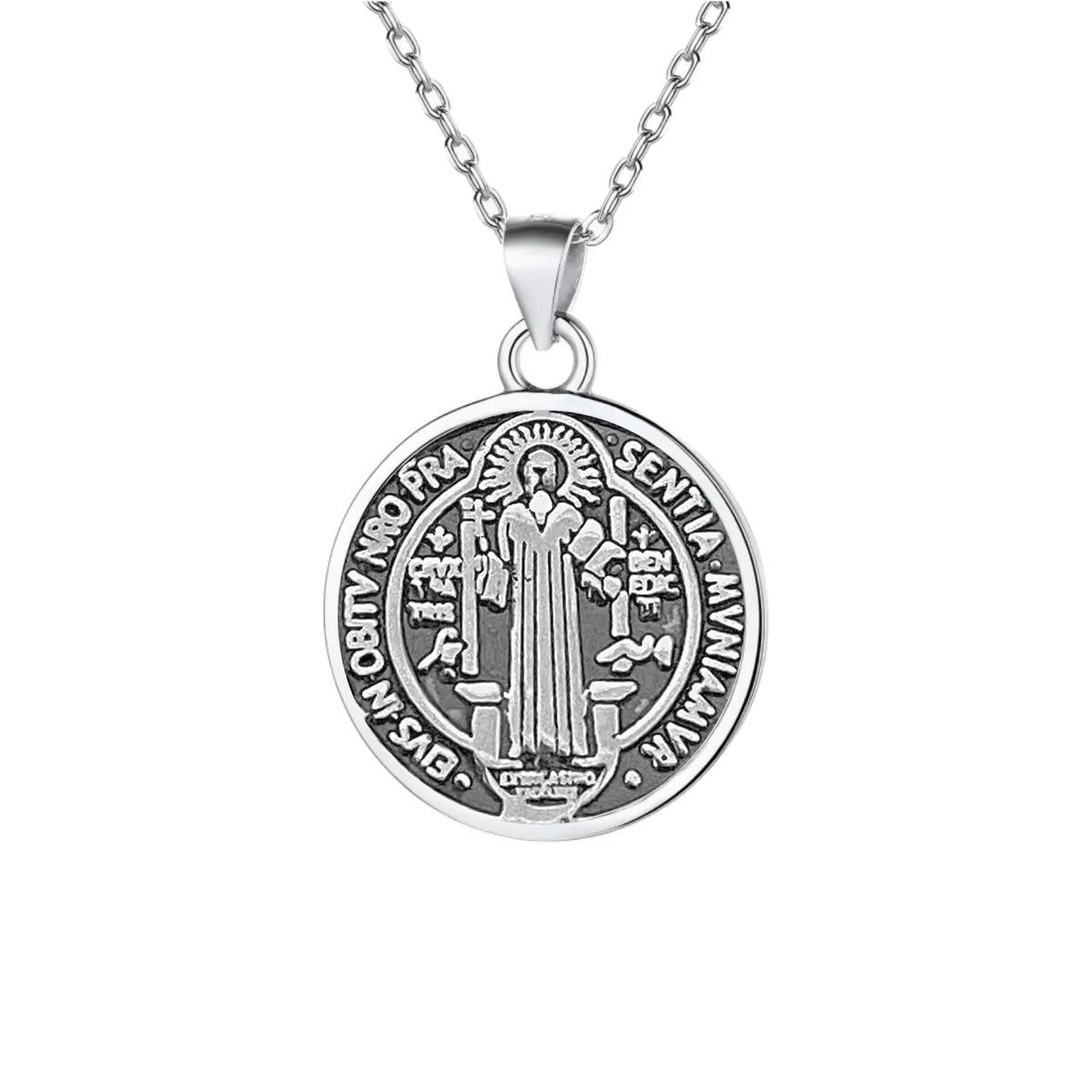 GENERICO - Collar San Benito Plata Quemada Medalla Regalo Unisex 26mm