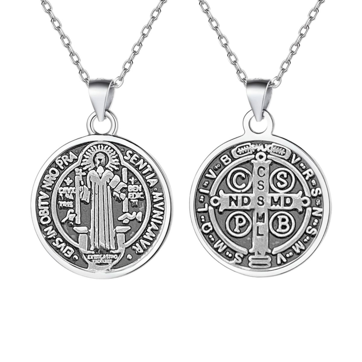 GENERICO - Collar San Benito Plata Quemada Medalla Regalo Unisex 26mm