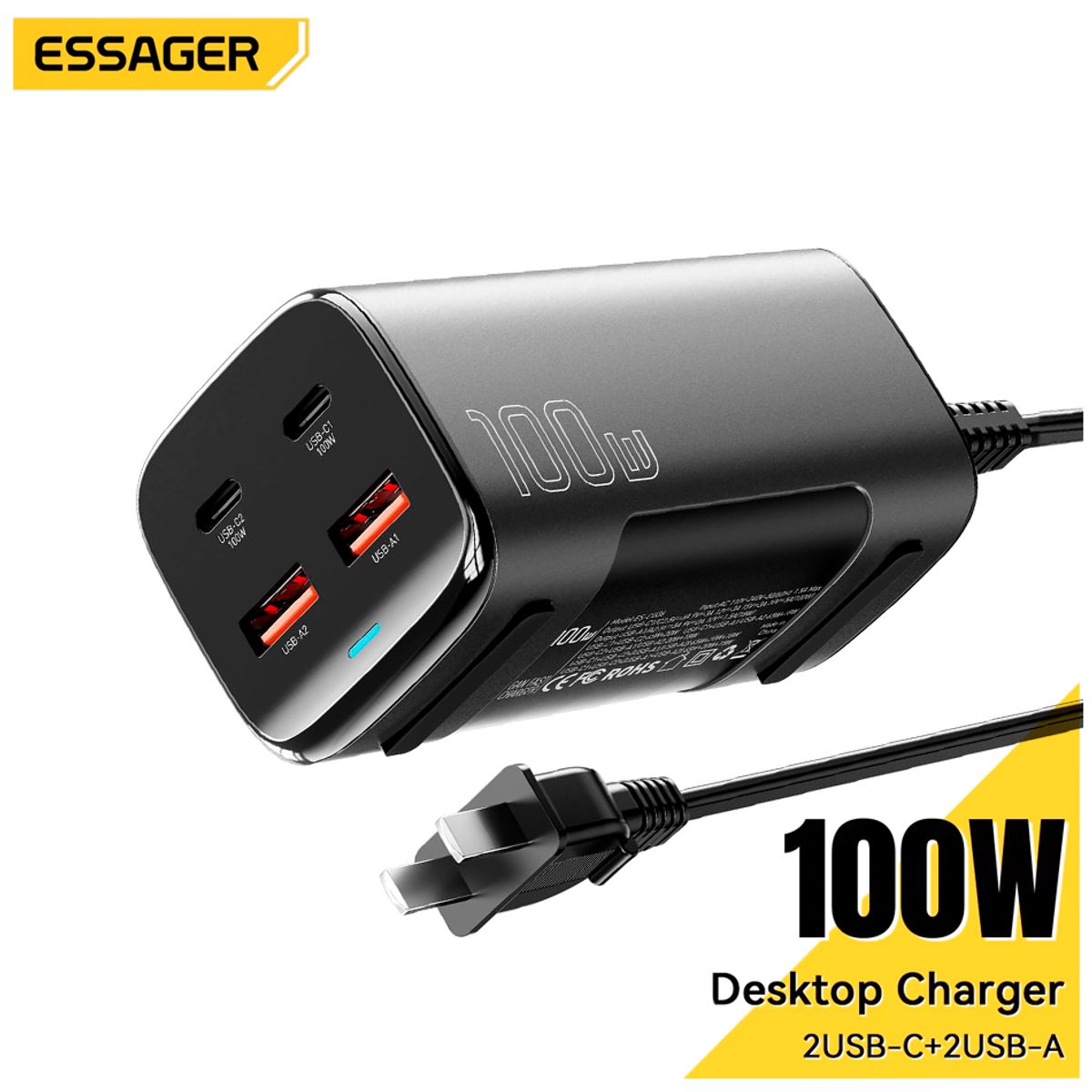 ESSAGER - Cargador 100W Essager carga rapida GaN 4 Puertos