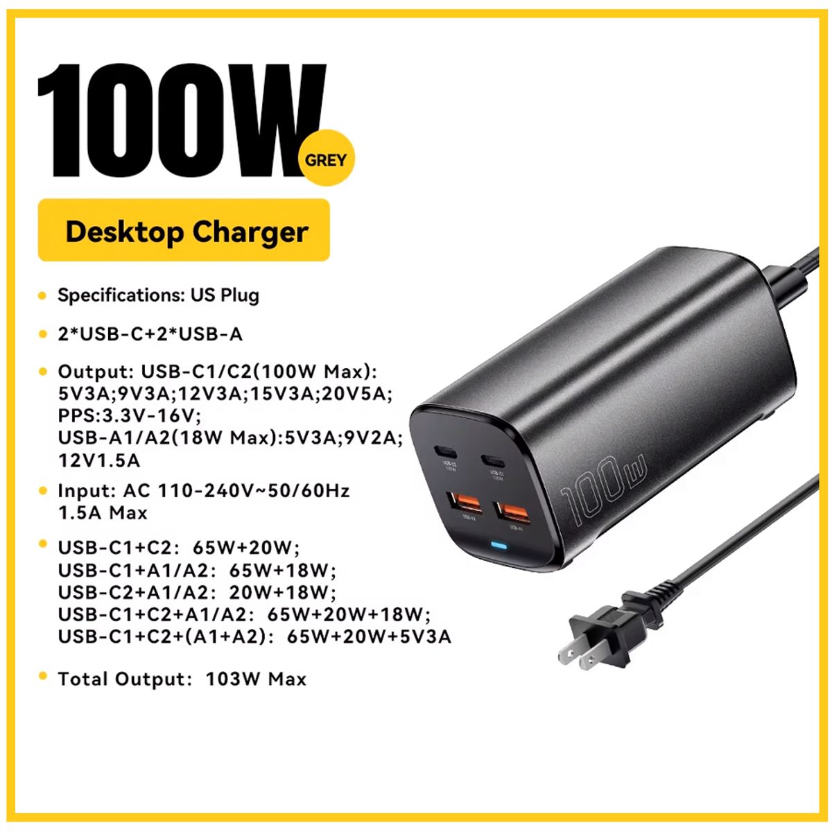 ESSAGER - Cargador 100W Essager carga rapida GaN 4 Puertos