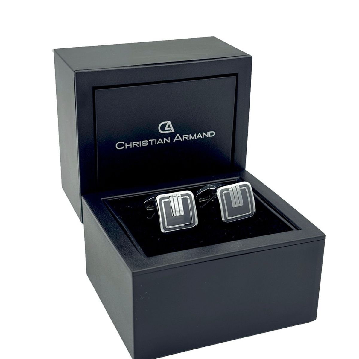 CHRISTIAN ARMAND - JUEGO DE GEMELOS CUADRADOS PLATEADOS CON NEGRO DISEÑO MONOGRAMA