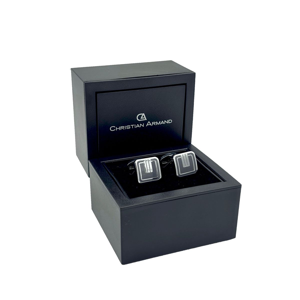 CHRISTIAN ARMAND - JUEGO DE GEMELOS CUADRADOS PLATEADOS CON NEGRO DISEÑO MONOGRAMA