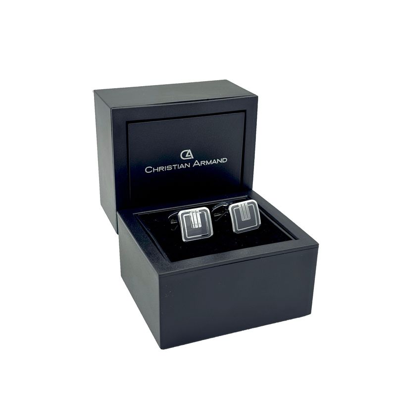 CHRISTIAN ARMAND - JUEGO DE GEMELOS CUADRADOS PLATEADOS CON NEGRO DISEÑO MONOGRAMA